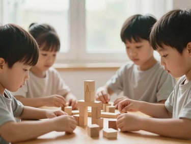 Warm editorial photography of children playing with wooden blocks under soft natural window light, gentle muted tones, shallow depth of field