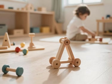 Warm editorial photography of a sunlit daycare interior with natural wooden toys, soft natural daylight, gentle muted tones, shallow depth of field