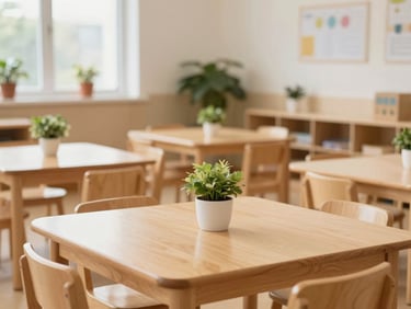 Sunlit modern daycare classroom interior with wooden tables and potted plants, soft natural daylight.