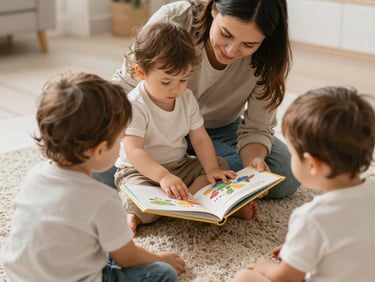 Candid shot of a caregiver reading a picture book to toddlers on a cozy rug, warm editorial photography.