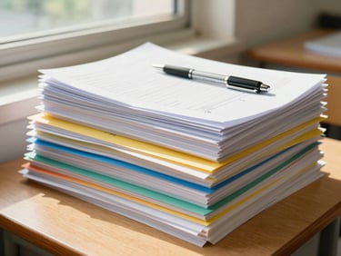 Close-up of a stack of neatly organized school documents, diplomas, and a pen on a wooden desk, bright natural daylight streaming from a window, warm editorial photography, vibrant cheerful tones, 35mm lens, candid school environment