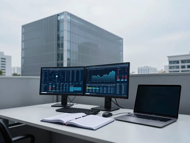 Wide-angle architectural view, crisp corporate photography, cool overcast daylight, desaturated blue and slate tones, sharp focus, 35mm, a modern corporate office desk with dual monitors displaying a complex financial dashboard and a physical ledger book open beside a sleek laptop.
