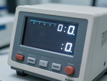 Macro close-up of a KERN laboratory scale digital display showing precise decimal values, bright white LED illumination, clinical laboratory background