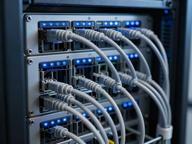 Macro shot of a clean server rack interface, cool blue status lights blinking, precise cables organized in parallel lines, clinical daylighting.