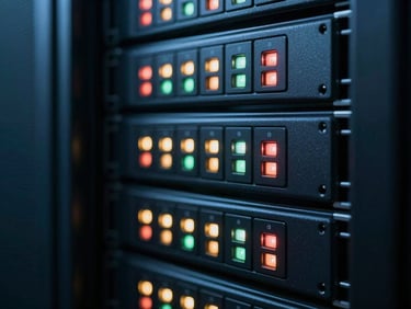 Abstract macro shot of clean server rack status lights blinking in a dark, cool-toned datacenter, high-contrast blue and charcoal tones, shallow depth of field.