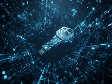 Abstract digital architecture with glowing blue lines, secure cryptographic key floating in a dark moody studio setting, minimalist 3d render, macro depth of field