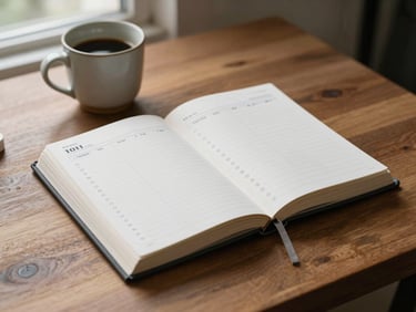 A clean, structured daily planner open on a wooden table, showing organized columns, next to a ceramic cup under diffused window light