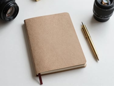 Overhead flat-lay of a high-quality minimalist notebook and a sleek brass pen on a clean white desk, soft natural light