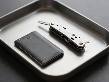 A minimalist everyday carry tray holding a simple key organizer, a compact multi-tool, and a small cardholder, soft shadows