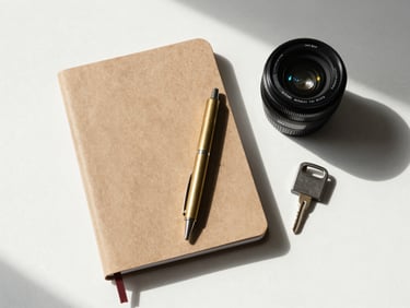 Overhead flat-lay of minimalist everyday carry items including a structured notebook, a brass pen, and a simple key organizer on a clean white surface with soft natural shadows