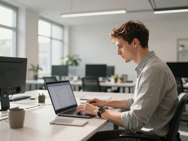 Wide environmental shot of a modern, light-filled Munich office workspace, a young founder in smart-casual attire working on a laptop showing clean digital interfaces, bright natural daylight, soft clean shadows.