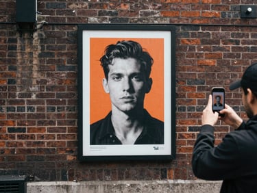 A person photographing a striking poster on a brick wall with a smartphone, overcast urban daylight, gritty film aesthetic.