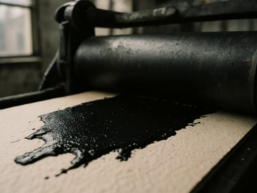 Extreme close-up 35mm film shot of raw black ink drying on thick, textured cream paper inside a printing press, high-contrast natural light, industrial loft background.