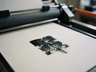 Extreme close-up of heavy black ink pressing onto raw cream paper in an industrial letterpress shop, harsh shadows, 35mm film.