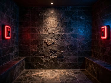 Atmospheric shot of a modern steam room with dark stone tiles and subtle warm lighting, cinematic framing