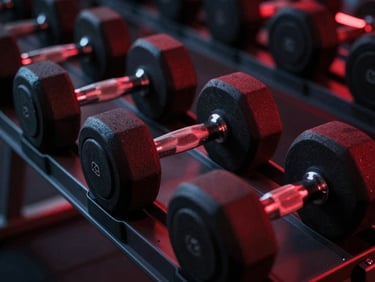 Cinematic close up of matte black dumbbells on a rack under dramatic lighting, neon red highlights, deep shadows
