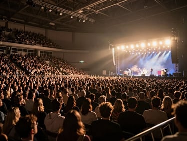 Wide-angle environmental shot of a packed European concert arena during a performance, dramatic warm stage backlighting, silhouettes of the crowd, professional production setup.