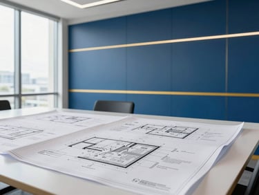 Daylight-filled modern logistics boardroom, architectural details, blueprints and operational flowcharts laid out on a large table, clean minimalist aesthetic.