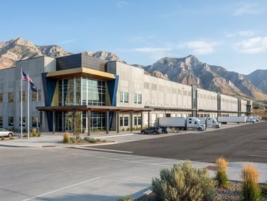 Crisp architectural photograph of a modern high-end logistics hub exterior in Utah, bright morning light, clean concrete lines, sharp focus, 35mm lens.