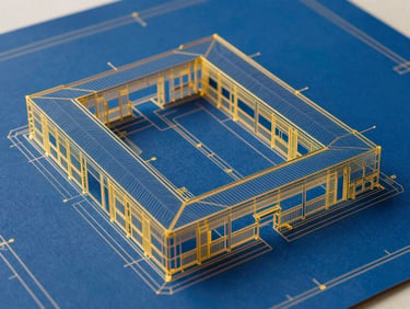A technical blueprint of a modern warehouse layout, sharp gold lines on dark blue background, architectural drafting style, high precision