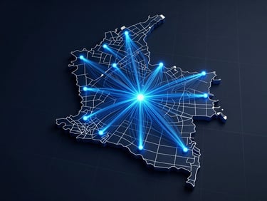 Overhead wide-angle 3D render of a Colombian regional map showing eight mid-sized municipalities connected by glowing blue fiber lines, electric-blue pulse nodes mark each town, dark navy background with crisp white grid lines, isometric cartographic style, sharp studio digital lighting, no text labels