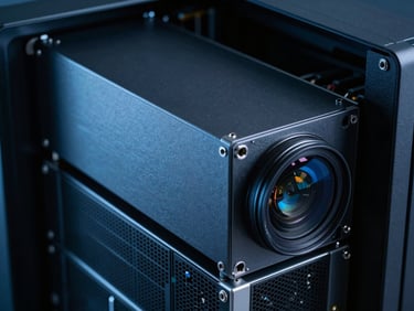 Close-up of high-end computational server hardware, cool slate and electric blue tones, dramatic low-key lighting, sharp focus, 35mm lens
