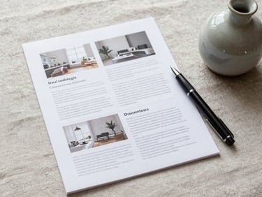 Flat-lay of printed editorial layouts, a fine-tip pen, and a small ceramic vessel on a raw linen surface, cool diffused light from above, minimal and precise