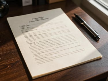 Close detail of a hand-written property brief on cream paper laid on a dark wood desk, pen resting beside it, window light from the right casting a long shadow across the page