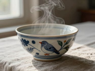 Close view of a hand-painted ceramic breakfast bowl on a worn linen tablecloth, diffused morning light from a window to the left, steam visible at the rim