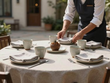Wide shot of a property breakfast table set with ceramic cups and folded linen napkins in a sunlit courtyard, staff adjusting a place setting in the background, no eye contact