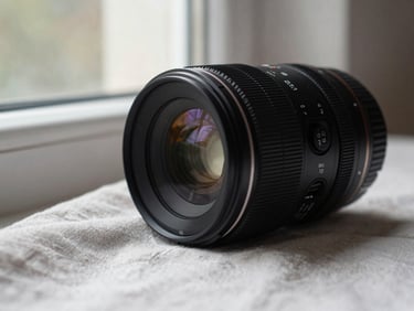 Detail of a camera lens resting on a linen cloth beside a window, soft diffused daylight casting a gentle shadow across the fabric, shallow depth of field