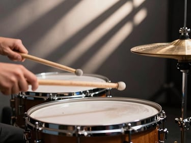Drummer's hands striking a snare mid-hit, drumstick frozen at peak impact, stage lights behind casting long shadows across the kit, motion blur on the stick tip