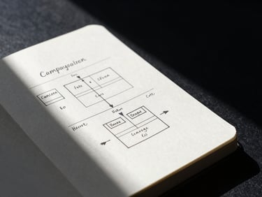 Tight macro shot of a clean notebook with hand-drawn campaign testing frameworks, high-contrast directional light.