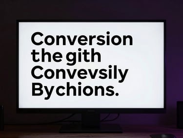 Minimalist typographic layout displaying conversion-focused copywriting on a high-resolution screen, low-key dark environment with subtle purple rim light.