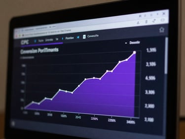 High-fidelity analytics screen showing conversion rates and revenue growth curves in electric purple, dark interface, macro focus.