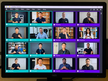 Creative testing matrix interface displaying high-velocity video ad variations with performance labels in cyan and electric purple.