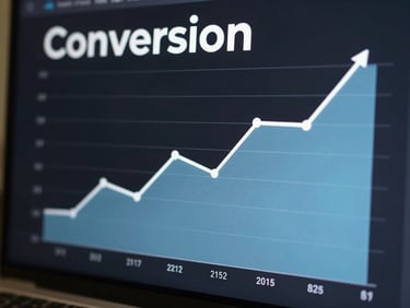 Conversion dashboard UI with upward trending line graphs in light blue, dark background, sharp grotesque typography.