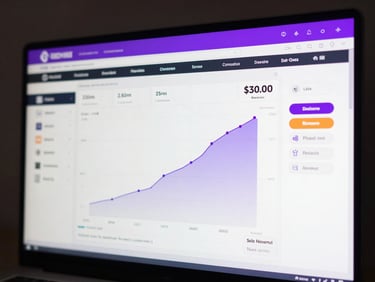 Landscape view of e-commerce dashboard showing revenue scaling under sharp purple rim light