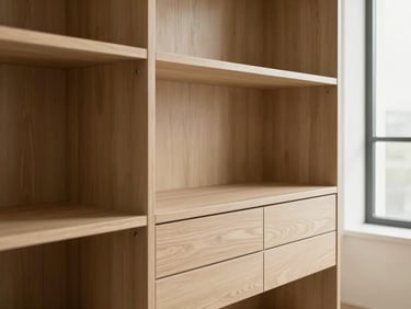 Minimalist wardrobe closet with elegant wooden shelves, soft-close drawers, and warm natural lighting.
