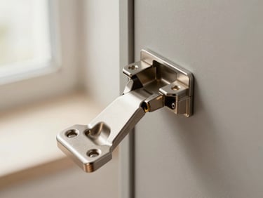 Macro close-up shot of a sleek matte gray cabinet hinge, soft daylight highlighting the clean metal joint and precise craftsmanship.