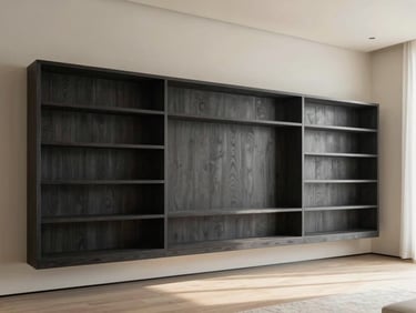 Architectural living room featuring a custom charcoal oak TV panel, floating shelves, clean lines, soft natural daylight