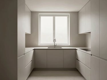 Straight-on architectural shot of a minimalist kitchen with custom warm gray cabinetry, soft natural window light, clean vertical lines, editorial interior photography style.