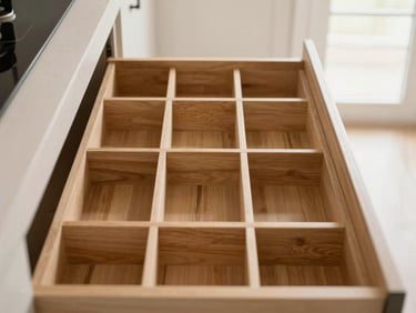 Straight-on architectural detail shot of an open deep kitchen drawer, perfectly organized wooden compartments, soft natural side lighting.