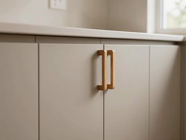 Close-up of matte sand lacquer kitchen cabinets, seamless integrated handles, natural oak wood accents, soft side lighting