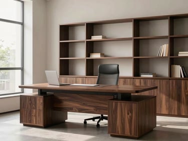 Clean modern office setup with custom dark walnut desk and minimalist shelving, soft daylight.