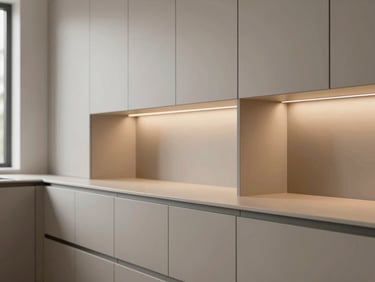 Detail of custom minimalist kitchen cabinetry with integrated warm lighting, straight lines, matte warm gray finish.