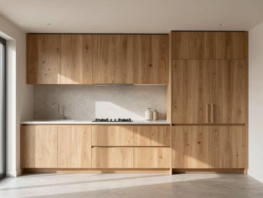 Straight-on architectural shot of a minimalist custom kitchen with warm oak cabinetry, soft natural daylight pouring in, clean lines, high-end finish details.