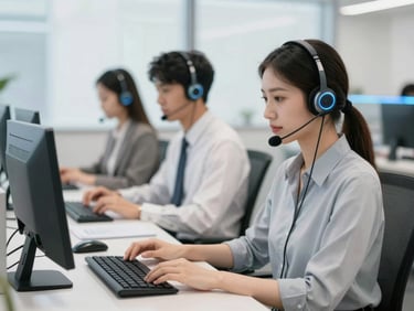 Modern corporate call center environment with organized workstations, high-end headsets, clean daylight, professional
