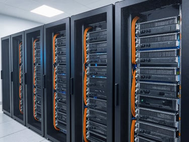 Wide environmental shot of clean enterprise server racks with perfectly organized gray and orange cabling, bright daylight mixed with cool LED server-room tones, sharp focus, professional 35mm photography.