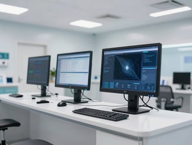 Clean modern hospital nurse station with digital monitoring screens, organized cabling, cool LED lighting, 35mm